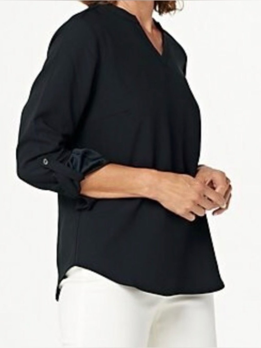 Elizabeth and Clarke Black Split V-Neck Blouse - Size 16